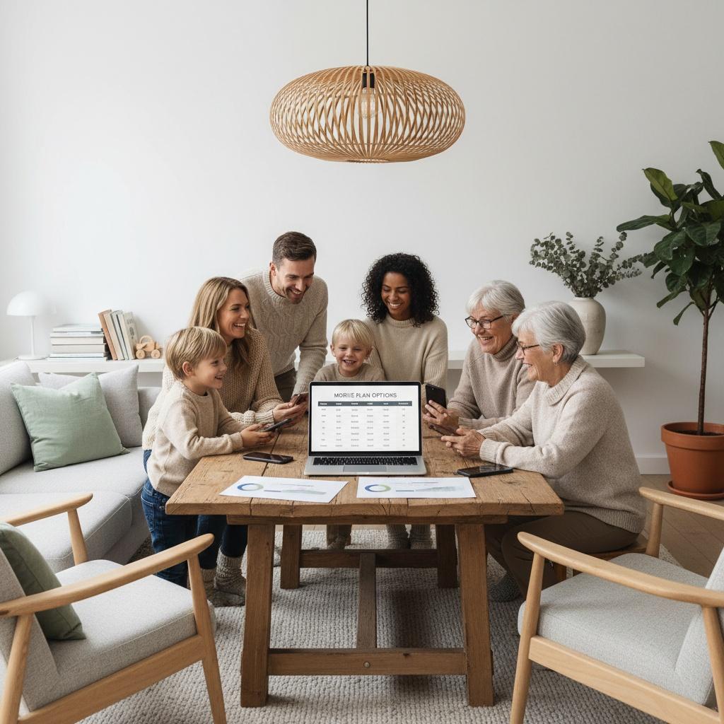 Smilende familie sammenligner mobilabonnementer